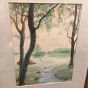 Signed Watercolor Painting Landscape Lake River Lu