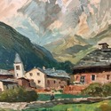 Antique Oil Painting Swiss Alps Chalet Landscaped 