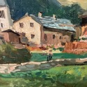 Antique Oil Painting Swiss Alps Chalet Landscaped 