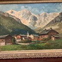 Antique Oil Painting Swiss Alps Chalet Landscaped 