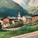 Antique Oil Painting Swiss Alps Chalet Landscaped 