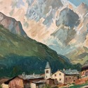 Antique Oil Painting Swiss Alps Chalet Landscaped 