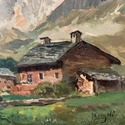 Antique Oil Painting Swiss Alps Chalet Landscaped 