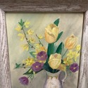 Vintage Oil Painting Still Life Yellow Tulips Purp