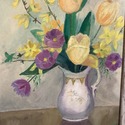 Vintage Oil Painting Still Life Yellow Tulips Purp