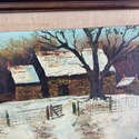 Signed Oil Painting Winter Scene Stone Barn Farmho