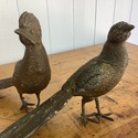 Pair Cast Metal Pheasant Figures Long Tails Glass 
