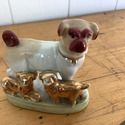 Vintage German Figurine Pug Dog w 2 Pups Porcelain