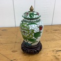 Vintage Cloisonne Jar w Lid Vase Mounted to Teak W