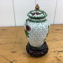 Vintage Cloisonne Jar w Lid Vase Mounted to Teak W