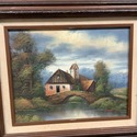 Vintage Oil Painting Swiss Chalet Cottage Stone Br