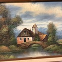 Vintage Oil Painting Swiss Chalet Cottage Stone Br