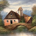 Vintage Oil Painting Swiss Chalet Cottage Stone Br