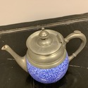 Graniteware Pewter Teapot Cobalt Blue White Speckl