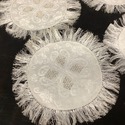 5 Vintage Round Doilies Long Fringe Damask Centers
