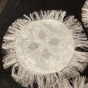 5 Vintage Round Doilies Long Fringe Damask Centers