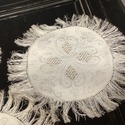 5 Vintage Round Doilies Long Fringe Damask Centers