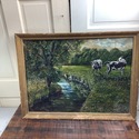 Antique Watercolor Painting Pasture Cows Meanderin