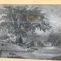 Antique Charcoal Drawing Dark Moody Cows River Sto