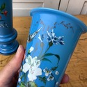 Set of Blue Bristol Glass Vases Floral w Butterfli
