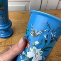 Set of Blue Bristol Glass Vases Floral w Butterfli
