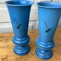 Set of Blue Bristol Glass Vases Floral w Butterfli