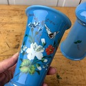 Set of Blue Bristol Glass Vases Floral w Butterfli