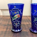 Pair Cobalt Blue Enameled Vases Exotic Bird Parake