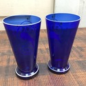 Pair Cobalt Blue Enameled Vases Exotic Bird Parake