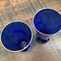 Pair Cobalt Blue Enameled Vases Exotic Bird Parake