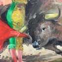 MCM Oil Painting Matador w Bull Fight Spain Chunky