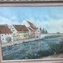 Vintage Oil Painting European Village Germany Sign
