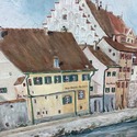 Vintage Oil Painting European Village Germany Sign
