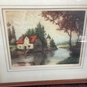 Vintage Etching Print French Cottage on Canal Rive