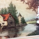Vintage Etching Print French Cottage on Canal Rive