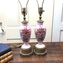 Pair Antique Pink Bristol Glass Lamps Enamel Hand 