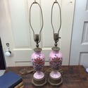 Pair Antique Pink Bristol Glass Lamps Enamel Hand 