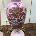 Pair Antique Pink Bristol Glass Lamps Enamel Hand 