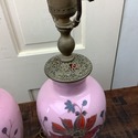 Pair Antique Pink Bristol Glass Lamps Enamel Hand 