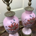 Pair Antique Pink Bristol Glass Lamps Enamel Hand 