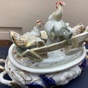 Porcelain Double Inkwell Chickens Hens Rabbit Bird