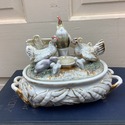 Porcelain Double Inkwell Chickens Hens Rabbit Bird