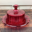 Cranberry Glass Covered Cheese Butter Dish Round U