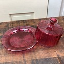 Cranberry Glass Covered Cheese Butter Dish Round U