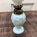 White Milk Glass Miniature Oil Lamp Scroll Floral 