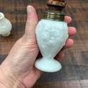 White Milk Glass Miniature Oil Lamp Scroll Floral 