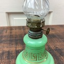 Vintage Green Glass Oil Lamp Miniature Petite Gold