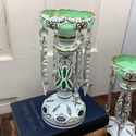 Pair Mantel Lusters Cased Glass Green White Bohemi