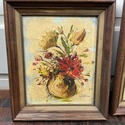 Set Mid Century Floral Oil Paintings Orange Rust B