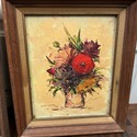 Set Mid Century Floral Oil Paintings Orange Rust B